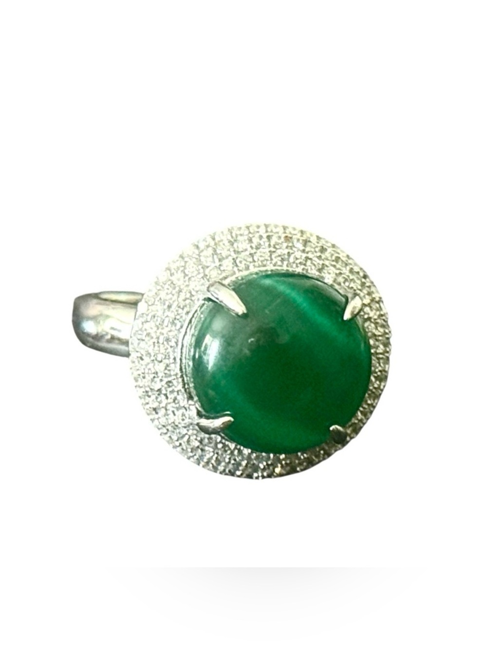 Hollywood Regency Emerald Green & Diamante 925 Sterling Silver‎ Dome Ring, 7.5